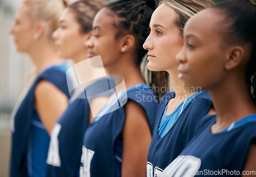 Image of Sports, Netball and team of women with motivation, focus and strong mindset stand in row. Collaboration, teamwork and support of professional team serious before competition game or training workout
