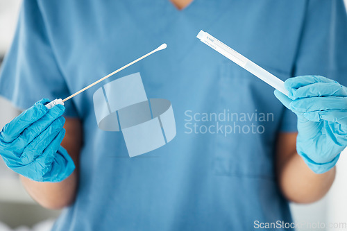 Image of Hands, doctor and covid test in hospital for research, collect and healthcare innovation closeup. Hand, nurse and covid 19 testing with medical sample for laboratory, pathology and science experiment