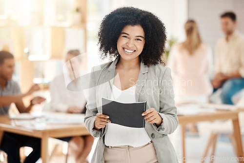 Image of Portrait of a happy black woman smile in a team planning meeting at work. Business woman in an office with staff as they discuss innovative plans, collaboration and strategy in a corporate office