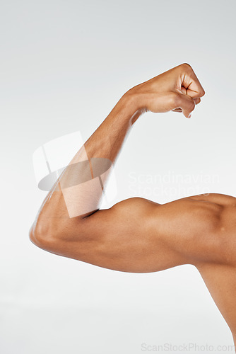 Image of Strong man, bodybuilder and flexing arm on studio background for fitness training, wellness and sports workout. Closeup body builder biceps, athlete power or healthy muscle progress from gym exercise