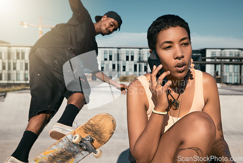 Image of Skateboard, summer and phone call with friends at urban city hangout in sunshine together. Skater people at recreation facility for outdoor activity and 5g mobile connection in New York.