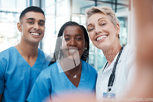 Image of Hospital, doctor and selfie of medical, nurse and doctors team with a happy smile about health care. Teamwork, collaboration and healthcare community of nursing and medicine workers with diversity