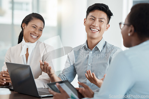 Image of Diversity, team and happy business tech meeting, tech startup and entrepreneurs conversation together. Corporate managers smile, digital marketing report plan and online stratergy in workplace office