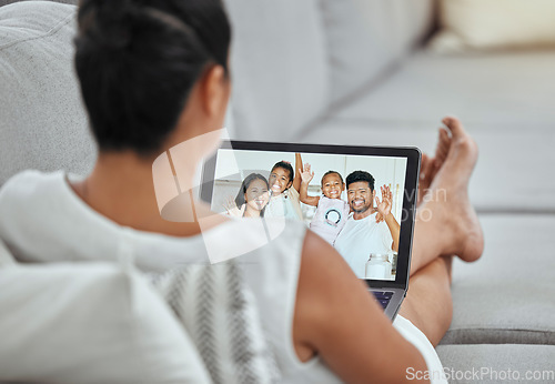 Image of Woman, video call and tablet screen talking to family, wave hello and home network telecom connection online in living room. Grandma digital zoom call, virtual communication and voip chat on tech app