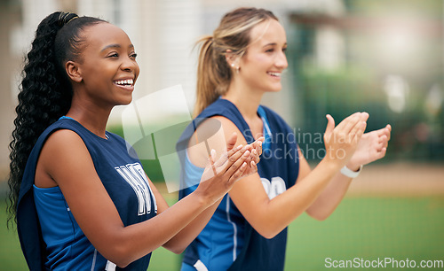 Image of Woman, team and cheerleading in applause for motivation, support or encouragement in the outdoors. Happy women cheering and clapping in sports, teamwork and activity with smile in celebration outside