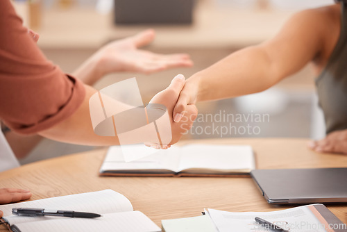 Image of Handshake, meeting and business partnership in office for a company deal, agreement or onboarding. Team, collaboration and people shaking hands for welcome, greeting or thank you gesture in workplace