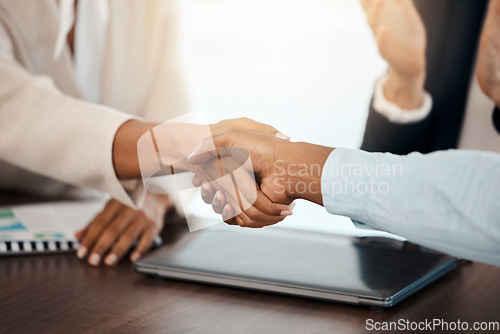 Image of Hand shake, corporate partnership and business people in meeting for collaboration, welcome or greeting. Team, professional and colleagues shaking hands for deal, agreement or onboarding in workplace