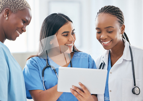 Image of Happy women doctors, digital tablet or teamwork, planning or collaboration staff working online, technology ir support in hospital. Healthcare group consulting medical research on internet connection