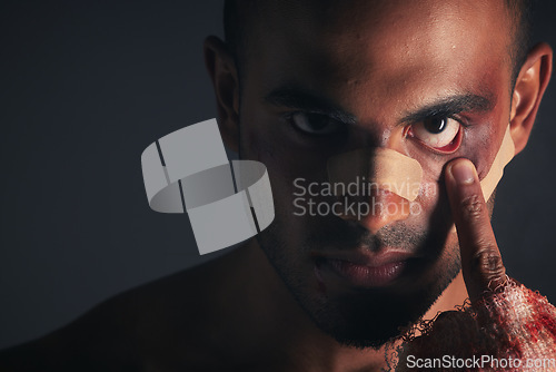 Image of Boxer, injured and black man fighter face with a serious sport injury from a boxing fight match. Portrait of facial wound and black eye from a sports accident of a professional athlete from conflict