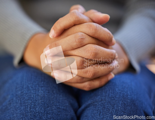 Image of Woman, hands together and nervous depression, anxiety and mental health in psychology counselling therapy or praying to god. Zoom, prayer fingers and person with stress in counseling help and worship