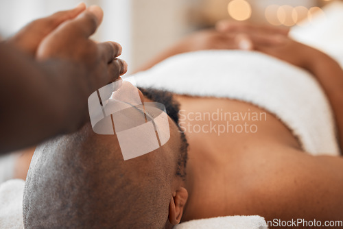 Image of Spa, African man and masseuse hands for head massage, mental health and body wellbeing. Calm, relax and luxury beauty skincare wellness, physical therapy treatment or peaceful facial skin detox