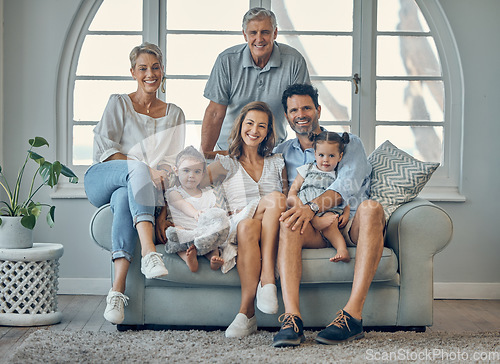 Image of Family, generations and love, happy together on sofa with portrait in family home, bonding and smile in living room. Grandparents, parents and children, care and spending quality time and big family.