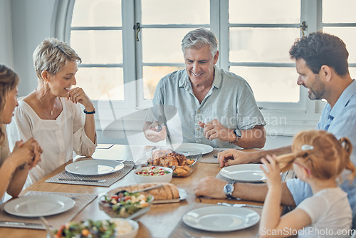 Image of Together, food and happy family lunch with chicken, bread and nutritionist salad for quality time feast, buffet or meal. Love, bond and thanksgiving turkey brunch for parents, grandparents and child