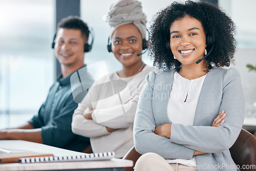 Image of Arms crossed, call center or customer service women, man or office people in crm consulting company or telemarketing agency. Portrait, smile or happy receptionist teamwork in contact us collaboration