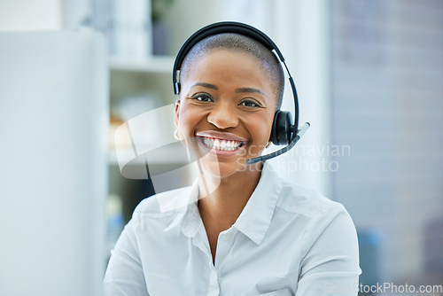 Image of CRM, customer service or happy black woman with smile in office for telemarketing, telecom or contact us success. Call center, ecommerce or customer support in communication, networking or consulting