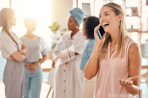 Image of Business woman, phone call and excited deal, bonus and good news for success, motivation and happiness in office agency. Happy, laughing and young worker talking to client on smartphone about sales