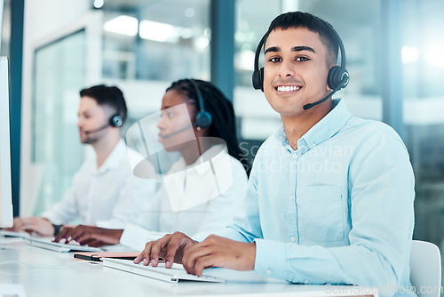 Image of Call center, computer and typing email for contact us, CRM and customer service website in a diversity office with telemarketing team. Portrait of consultant man working in sales and support