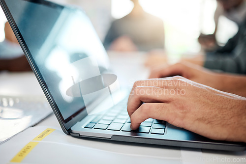 Image of Computer, businessman and employee hands typing an email in a corporate office. Working, planning and work web research of a business man writing technology analytics or IT code for company strategy