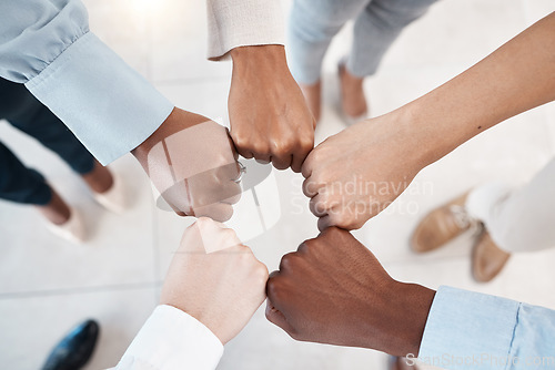 Image of Fist bump, office team and hands together with diversity to show work community, trust and success. Team building, support and winner hand sign of a workforce group showing teamwork and motivation