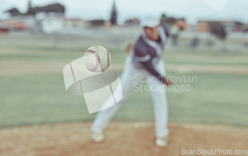 Image of Baseball, sports and athlete pitching with a ball for a match or training on outdoor field. Fitness, softball and pitcher practicing to throw with equipment for game or exercise on a pitch at stadium