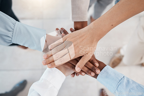 Image of Collaboration, team building and diversity stack hands together for support, career motivation and company goal. Corporate community and professional group hand sign for solidarity mission above