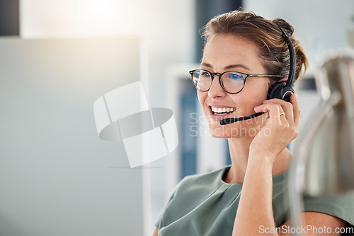Image of Happy call center woman consulting customer for customer support, help or telemarketing sales. Sales advisor, CRM girl with smile for success customer service, contact us hotline or insurance deal