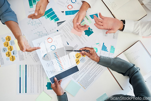 Image of Digital marketing, hands and data analysis meeting for financial reports and branding for a startup company. Paperwork, charts and business people planning a global seo promotional campaign project