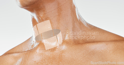 Image of Body of man sweating from exercise, skin neck with water dripping or wet body cropped on white studio background. Sports person after workout shower, stress hyperhidrosis in men or sports healthcare