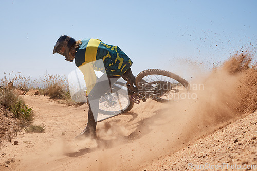 Image of Mountain bike, dust and man cycling on dirt path for action, speed and travel adventure for sports fitness, exercise or workout. Athlete health, journey and bicycle cyclist training for marathon race