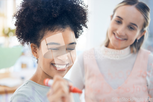 Image of Leader, meeting and business women working on creative strategy for advertising company, collaboration on project and writing employee partnership for startup goal, target and mission with teamwork