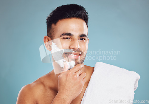 Image of Man, shaving cream and healthy facial skincare grooming morning routine. Happy Indian person, cosmetic beard wellness cleaning treatment and body care hygiene for beauty cleansing lifestyle in studio