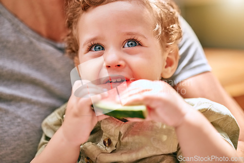 Image of Watermelon, mother and child in nature with smile, love and happy together in Australia. Summer, food and baby eating fruit for nutrition, health and diet on a picnic in a backyard, garden or park