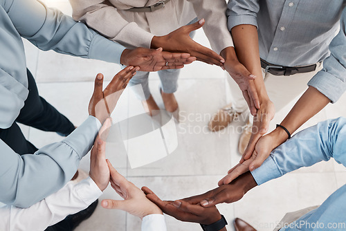 Image of Teamwork, workflow and synergy hands of business people team building together for support, network and trust. Integration circle sign of diversity group for support, connection and cooperation above