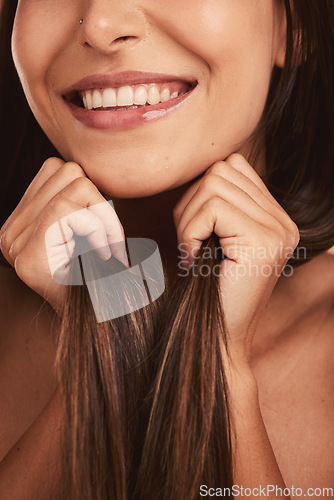 Image of Beauty, hair and cosmetic, hair care and woman with healthy and strong locks, clean and shine in close up. Salon style, wellness and model smile, hairstyle and teeth in cosmetology advertising