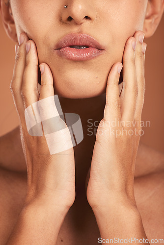 Image of Beauty, skincare and mouth or lips of woman for health, wellness and self care with dermatology, cosmetics and care for body and skin product. Facial of female spa model with hands on natural face