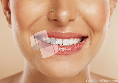 Image of Skincare, teeth and woman face, beauty and natural dental veneers in studio background. Oral health, healthcare or woman model happy mouth with clean tooth hygiene or healthy dental care with zoom in