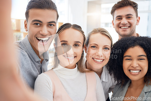 Image of Selfie, friends or teamwork with a business man and woman group posing for a picture in an office together. Meeting, success and collaboration with a male and female employee team taking a photograph