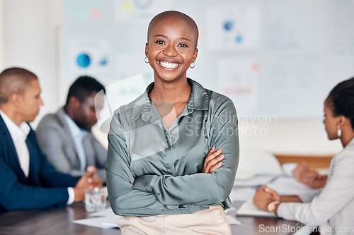 Image of Lerder, manager and ceo happy with planning, meeting and company development while team discussing work. Portrait of black woman, boss and mentor in workshop, training or coaching in marketing office