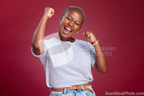 Image of Celebration, black woman and excited person showing happiness and winner feeling. Winning motivation, achievement and happy smile of a female win with a celebrate victory feeling from success