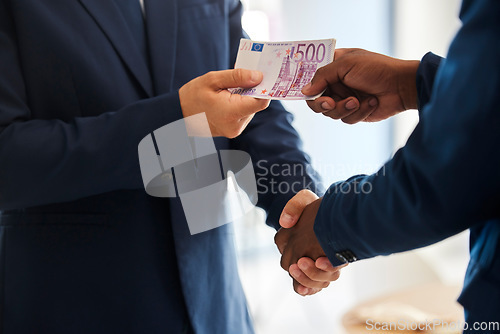 Image of Business fraud, corruption handshake and money deal, scam and criminal giving euro notes, bribery payment and illegal trading offer. Bad politician shaking hands for crime, cash and money laundering