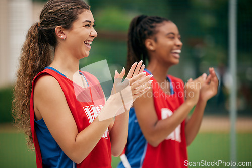 Image of Celebrate, support and netball team clapping hands during training for motivation, win and training on court. Happy, smile and young athlete friends with community, success and celebration for sports