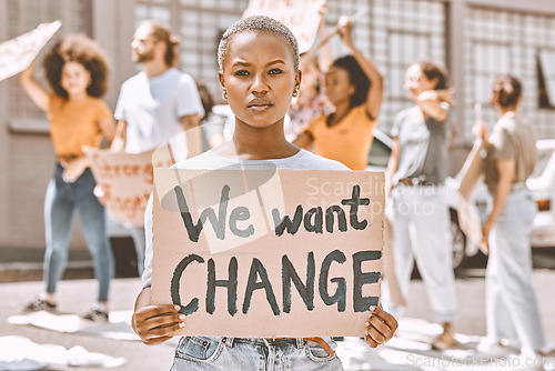 Image of Black woman, protest group and sign about peace, justice and gender equality in SA for political leadership. Freedom, human rights and activist marching against climate change, racism and corruption