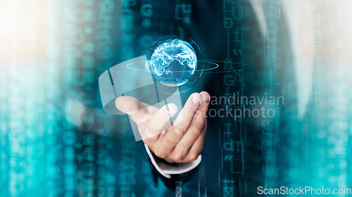 Image of Digital overlay, earth hologram and futuristic global technology future of network connection, online iot infrastructure and cloud computing software. Double exposure, 5g internet and blockchain tech