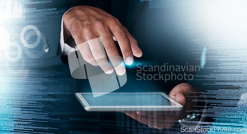 Image of Digital overlay, tablet and business hands with information technology innovation, big data and cybersecurity software system. Ai futuristic, coding or software development corporate hand typing code