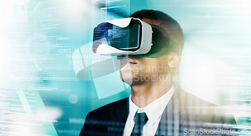 Image of Futuristic businessman, vr and data hologram, innovation and technology in virtual cyber security office. Augmented reality, digital transformation and future vision, man in virtual reality headset.