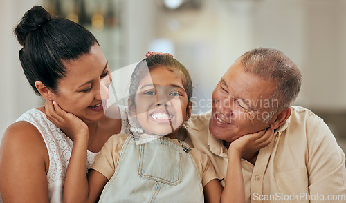 Image of Child, grandparents and love of family with a smile, support and care in home living room together in Mexico. Portrait of girl kid, senior man and woman happy about quality time, hug and retirement