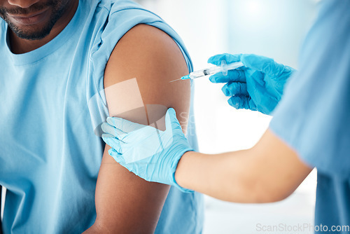 Image of Covid vaccine, hands and doctor with man in hospital for healthcare, safety and disease prevention. Medicine, nurse and corona injection on arm in clinic with compliance, antibody and vaccination