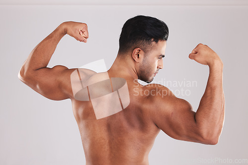 Image of Muscle, bodybuilder and man flex, with natural body and confident with studio background. Muscular, young male and showing arms with pride, flexing and fitness for wellness, health and motivation.