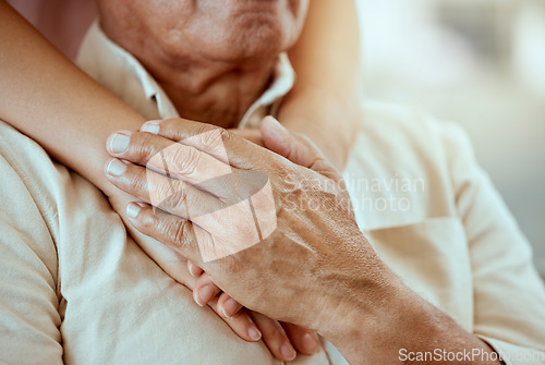 Image of Senior man, nurse or holding hands in support, trust or security for mental health, depression or anxiety in nursing home. Zoom, healthcare worker or caregiver with retirement elderly in therapy help