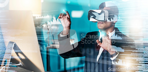 Image of VR, businessman and web developer in cyber metaverse, seo coding and big data, digital transformation and innovation. Virtual reality graphics, software engineer code and future programmer analytics